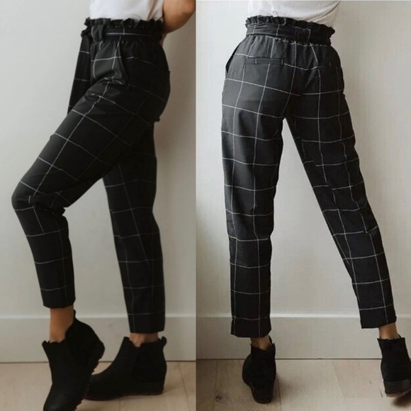 Albion Windowpane Bow Belt Capri Pant Black White Check Paperbag Waist - Picture 2 of 13
